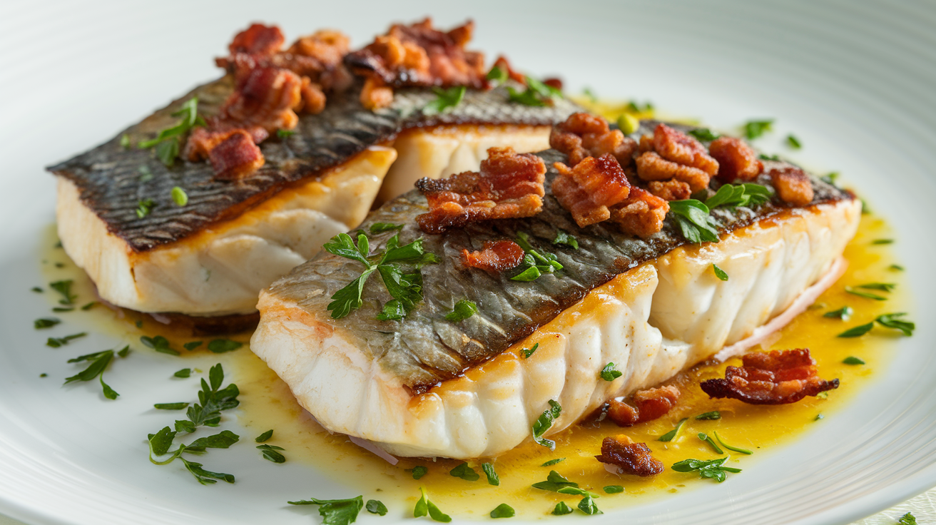 Pan-Seared Sea Bass with Crispy Bacon and Lemon-Butter Sauce