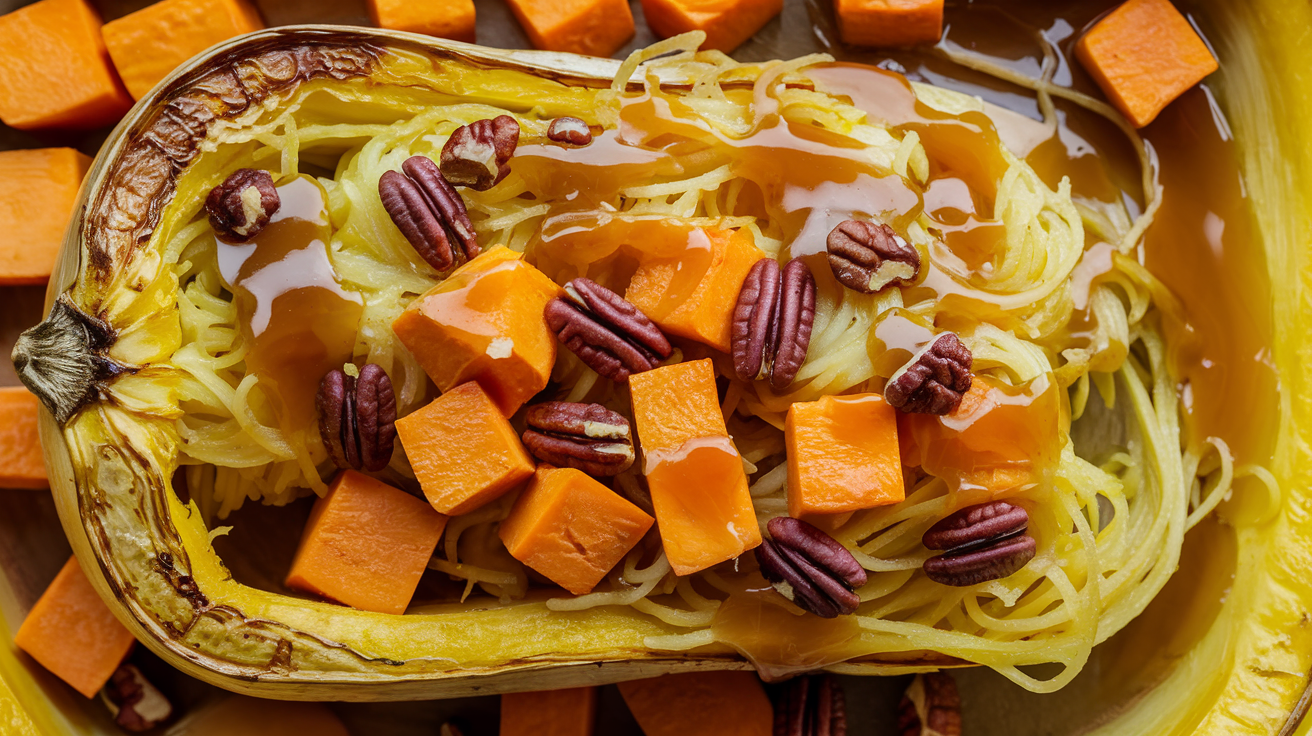 Sweet Potato Spaghetti Squash with Maple-Pecan Drizzle