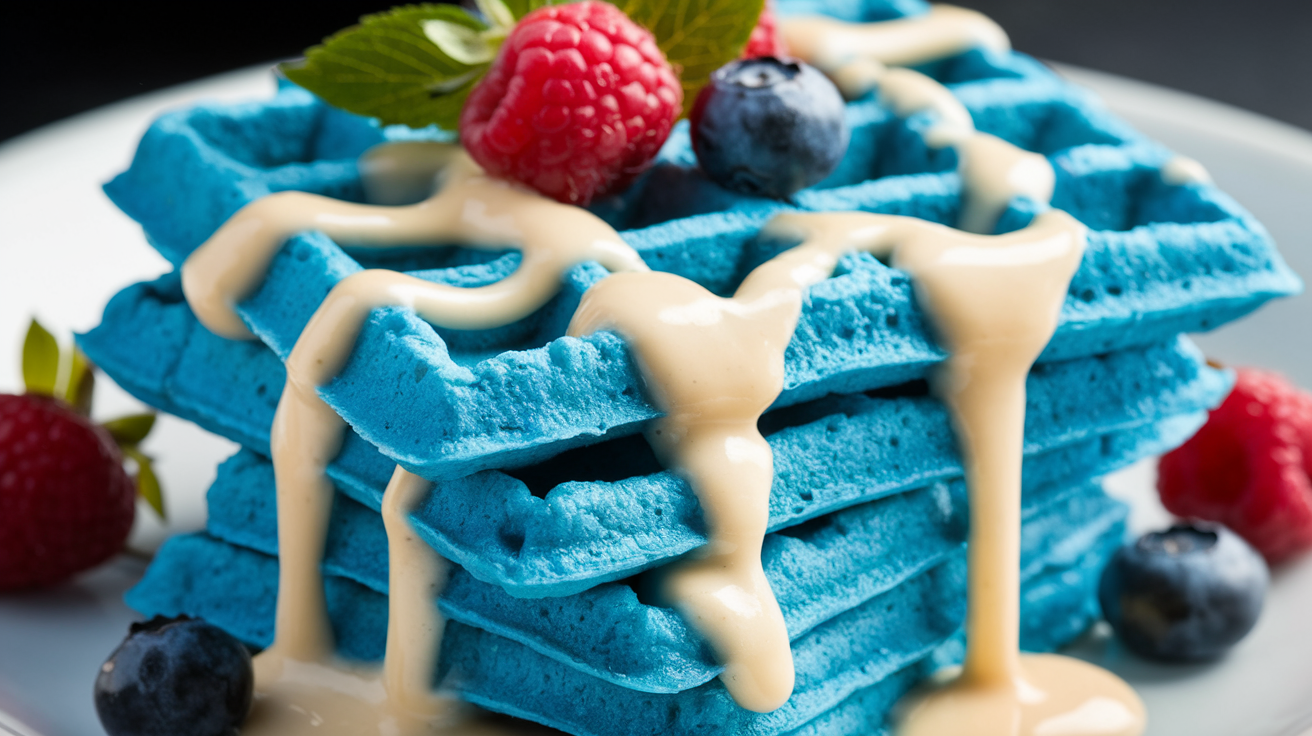 Blue Velvet Waffles with Cream Cheese Glaze