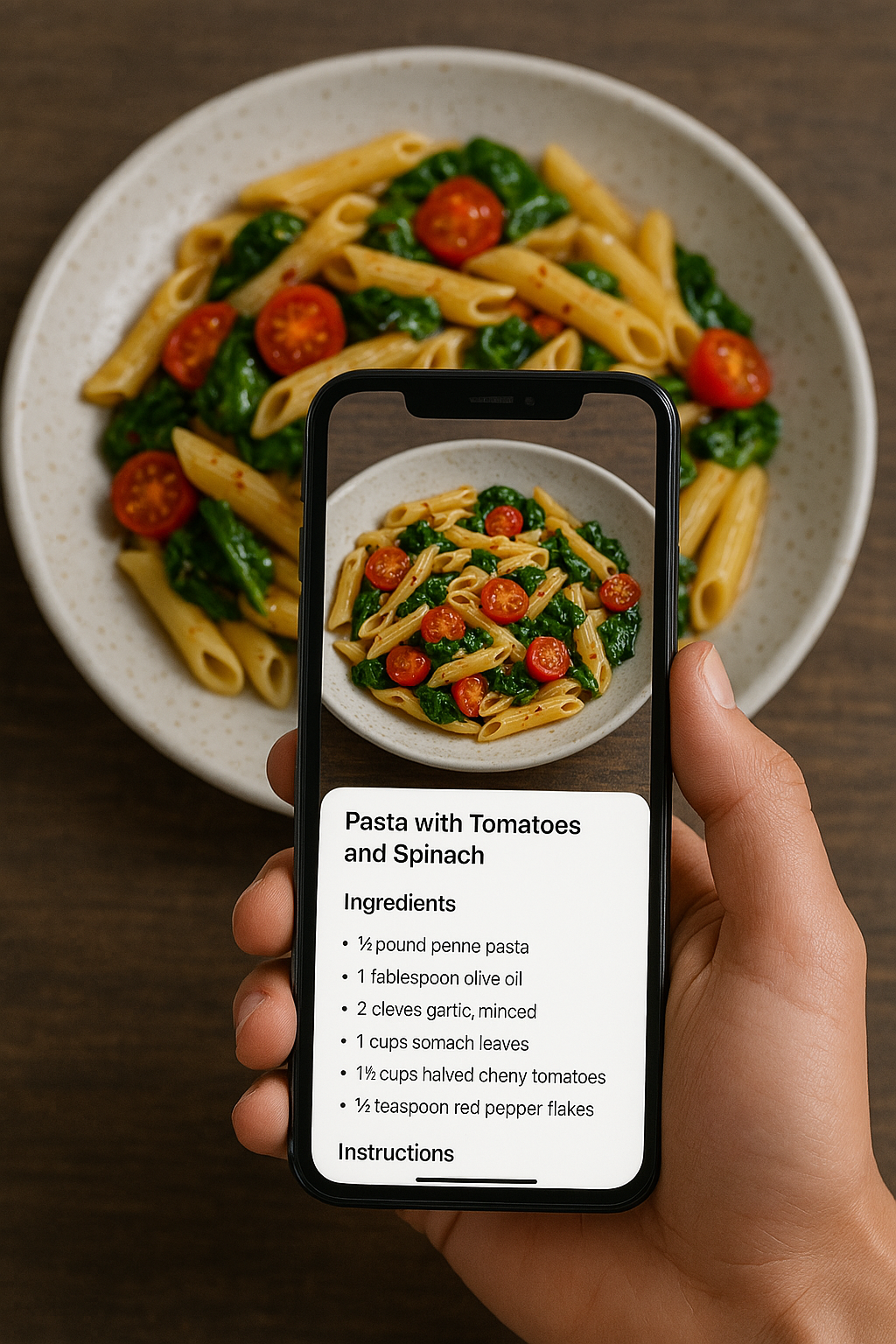 Recipe identification demo showing a photo of a dish being analyzed by AI